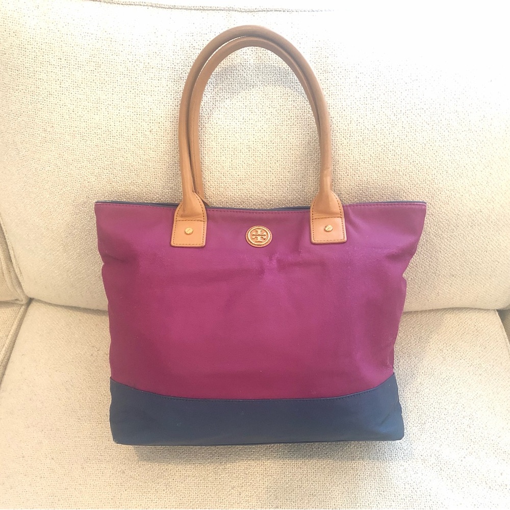 Tory Burch Magenta and Navy Canvas Tote with Tan Leather Handles